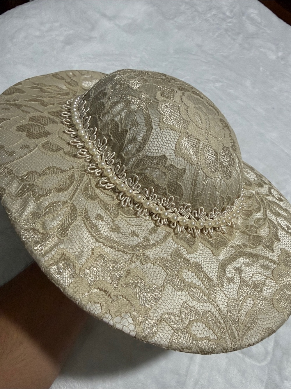 Lace-Embellished Wide Brim Women's Hat in Champagne